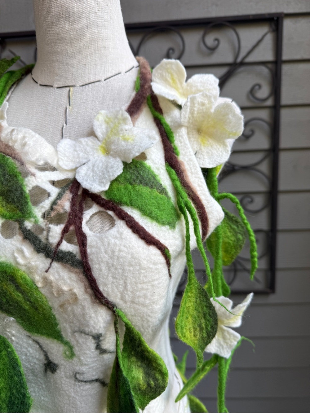OOAK Handmade Felted Fairy Costume Leaf Draped Dress White & Green Size: Small - Picture 7 of 8